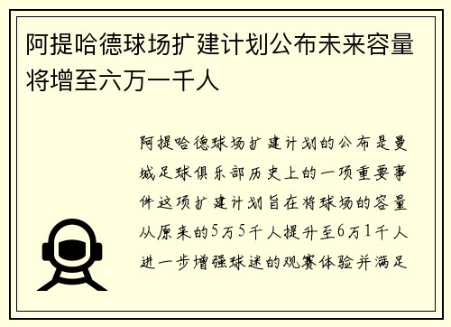 阿提哈德球场扩建计划公布未来容量将增至六万一千人