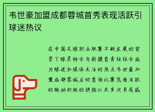 韦世豪加盟成都蓉城首秀表现活跃引球迷热议
